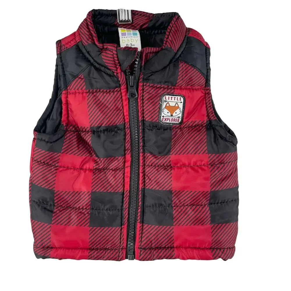 Healthtex Baby Boys Little Explorer Puffer Vest 0-3M Red Black Buffalo Plaid